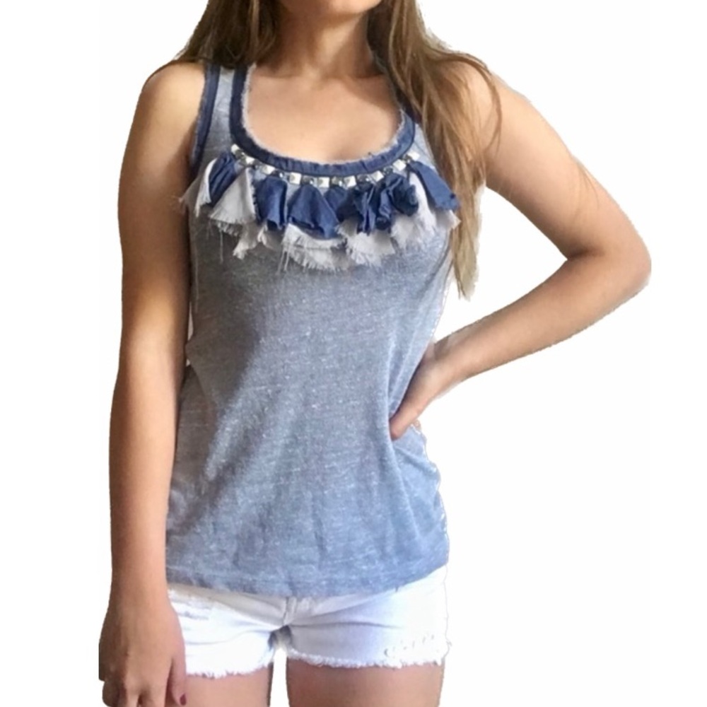 Anthropologie Metal Studded Ruffle Blue Raw Hem Tulle Fringe Scoop Neck Tank Top